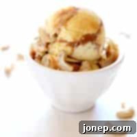 Caramel Cashew Bliss 2 Caramel Cashew Ice Cream in a white bowl with a spoon, highlighting its creamy texture.