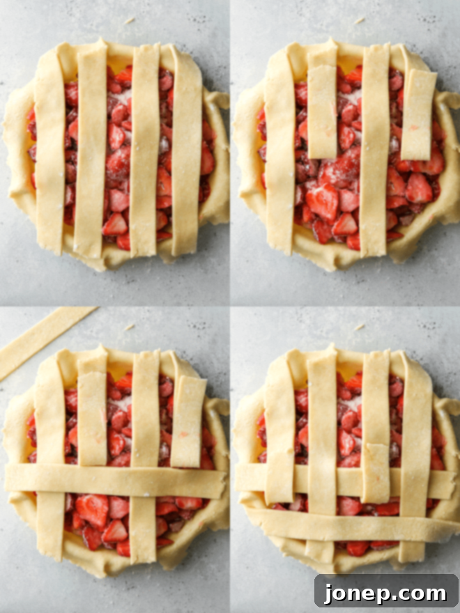 A four-panel image illustrating the initial steps of assembling a lattice pie crust, showing vertical strips laid, and the first horizontal strip being woven.