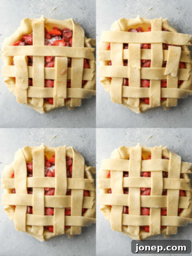 A four-panel image detailing the advanced steps of lattice pie crust assembly, showing the completion of the woven pattern and final strip placement.