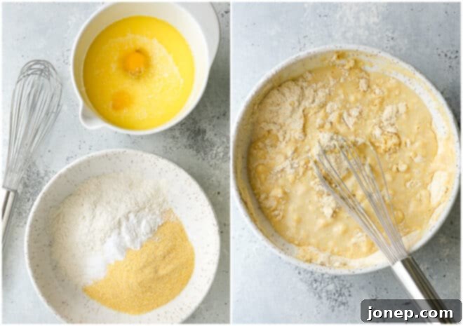 Mixing honey buttermilk cornbread batter in a bowl