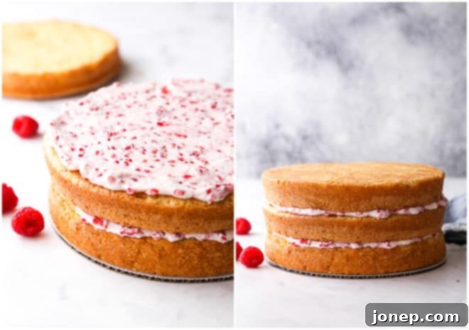assembling raspberry white chocolate layer cake