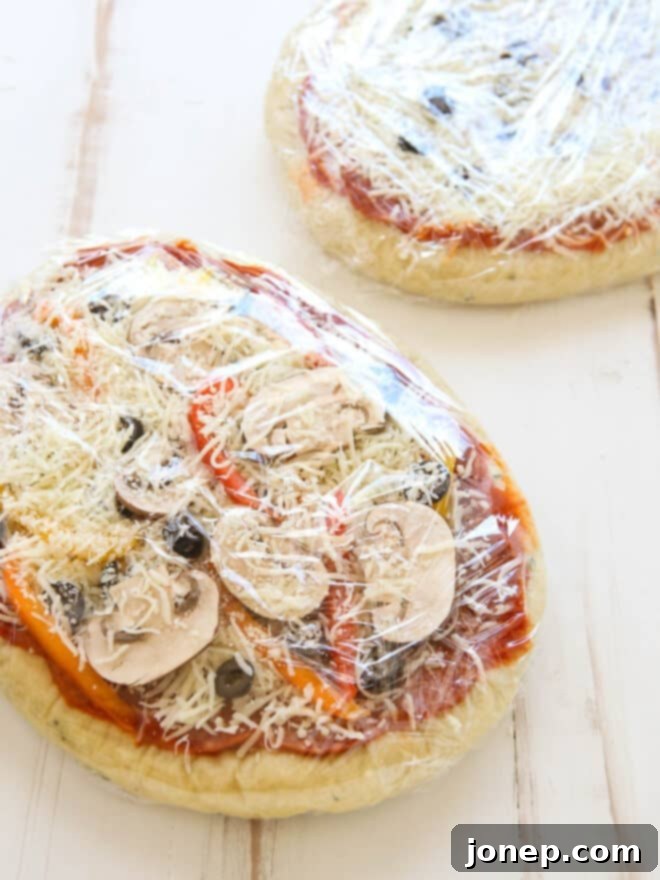 homemade pizzas wrapped in plastic wrap for the freezer