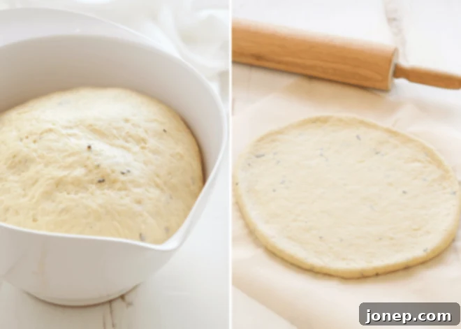 homemade pizza dough in a bowl; rolled out