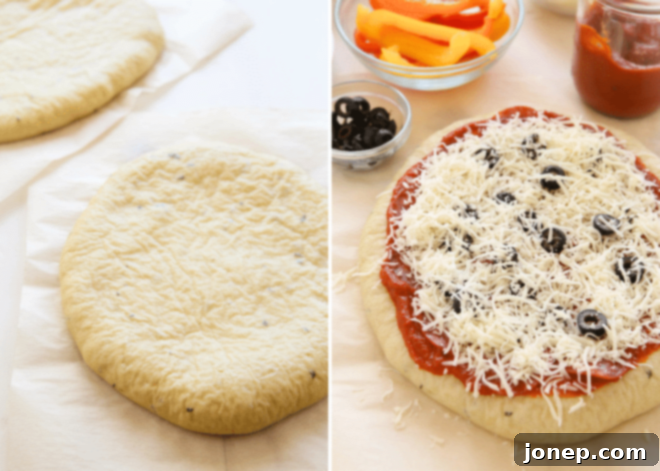 par-baked pizza dough with and without toppings