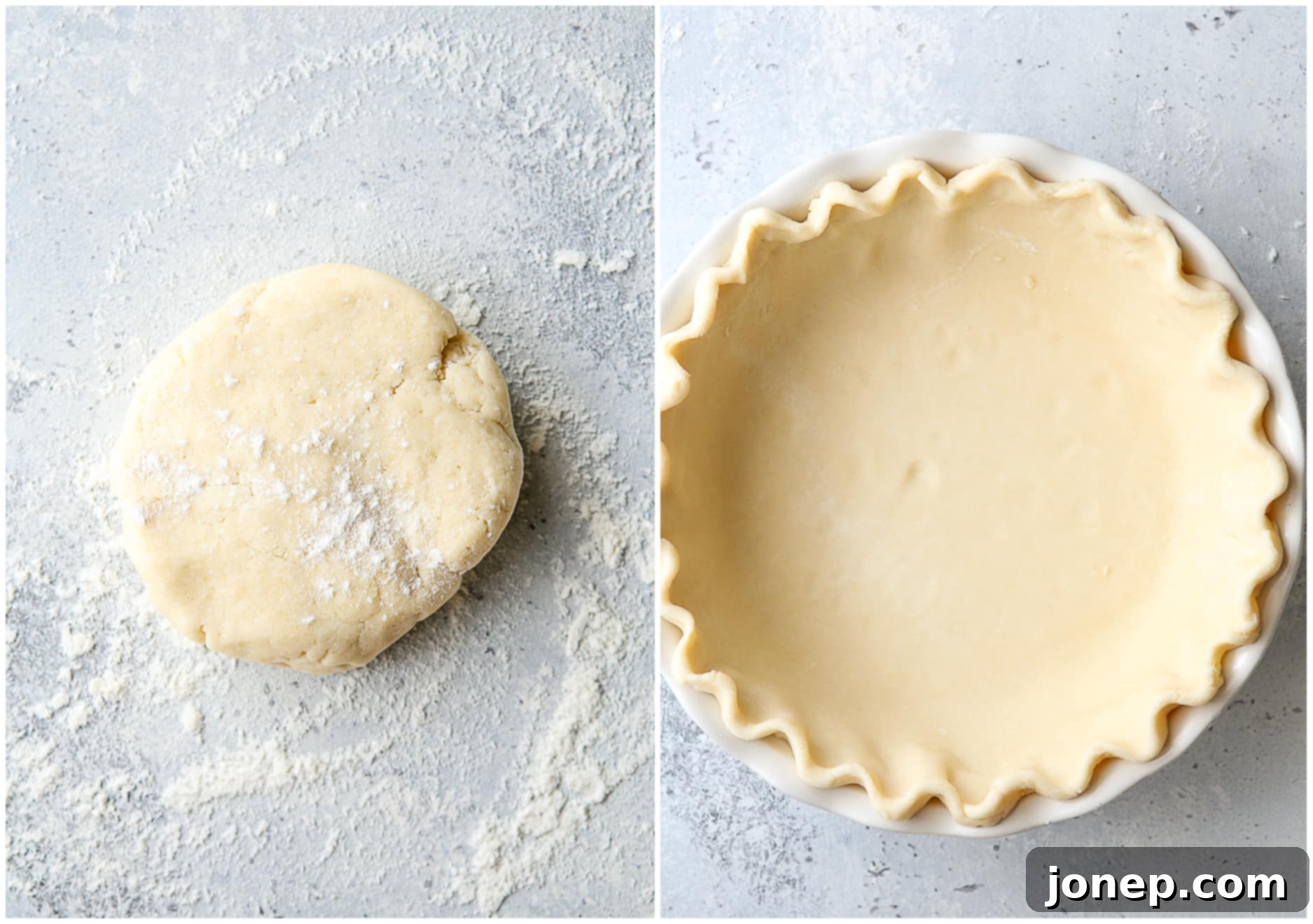 rolling out pie crust, crimped in pie dish