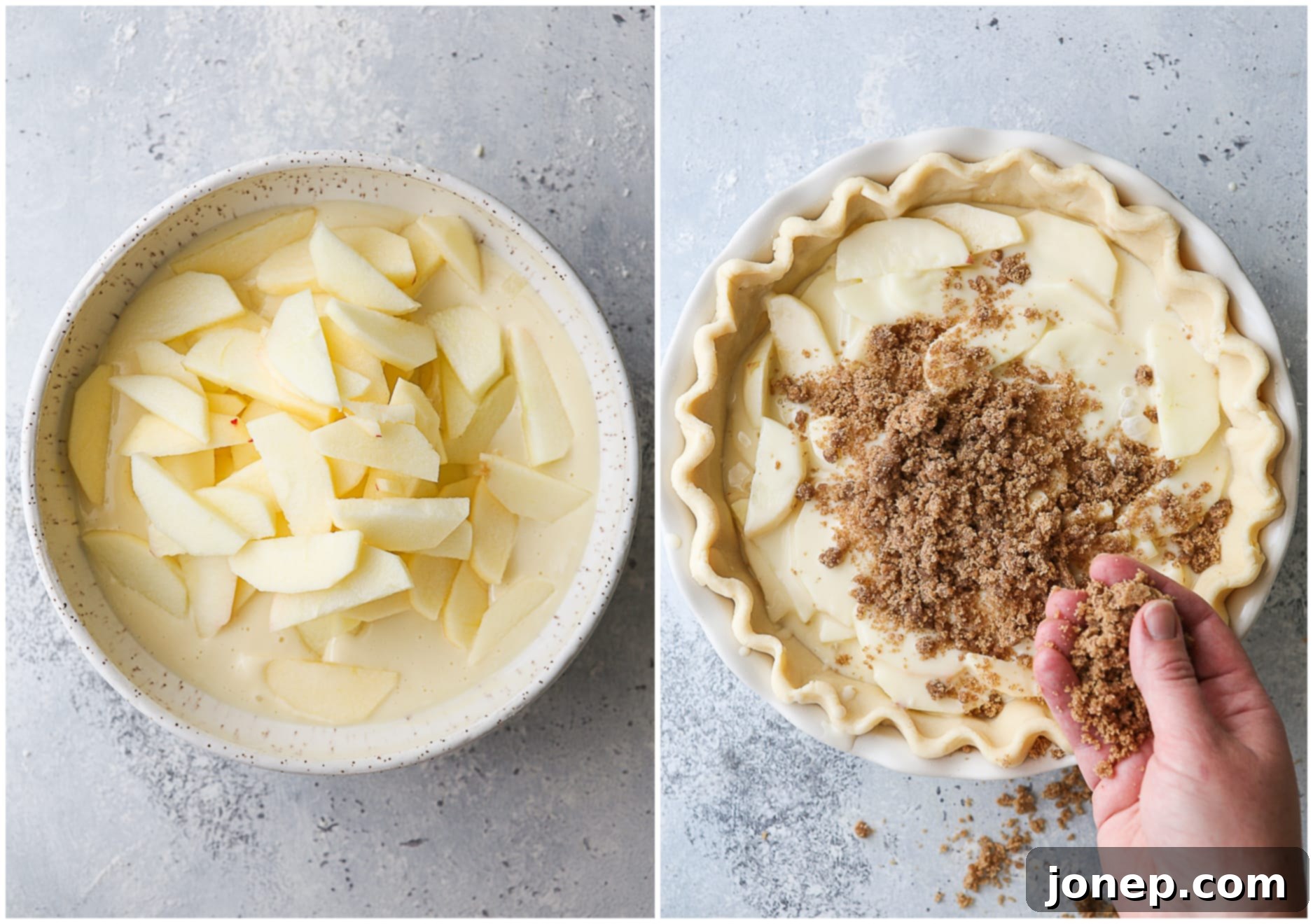 making sour cream apple filling, adding crumble topping