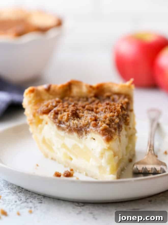 closeup of sour cream apple pie slice