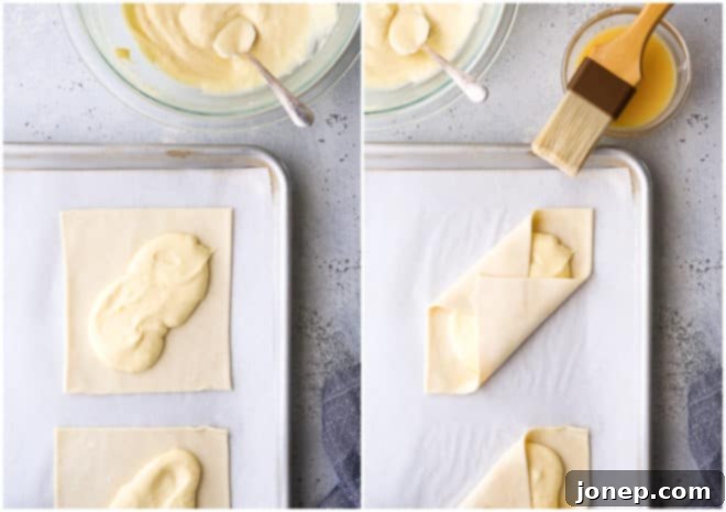 Creamy Danish Delights 6 spreading cream cheese filling on dough and folding it over