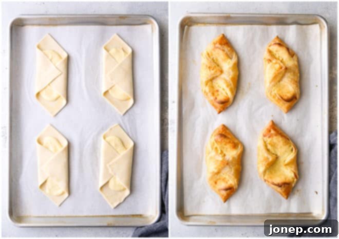 Creamy Danish Delights 7 cream cheese danishes, before and after baking