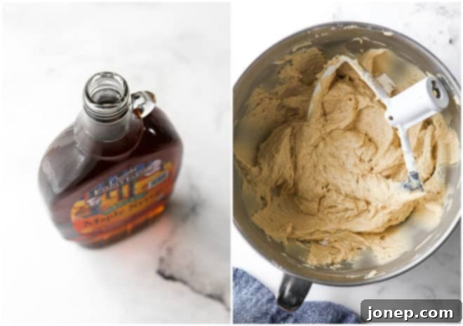 maple syrup bottle and mixed cake batter