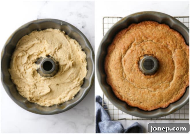 maple bundt cake before and after baking