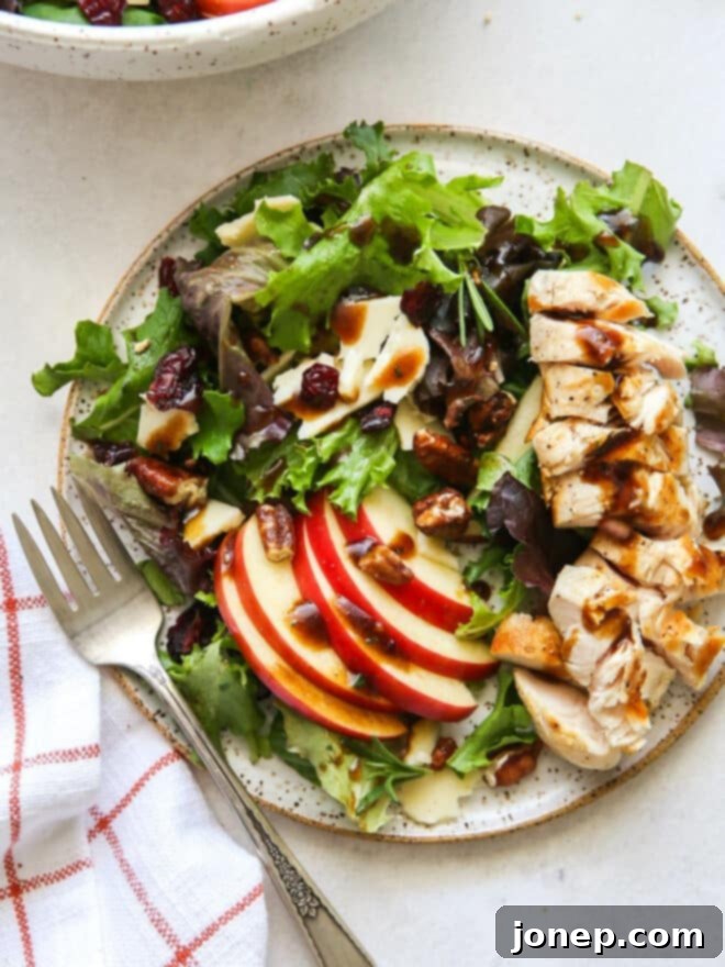 Harvest Apple Salad with Sharp Cheddar and Candied Pecans 3 fall apple salad on a plate with roasted chicken