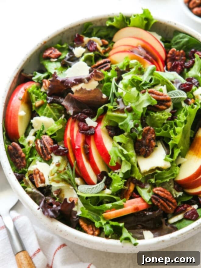 Harvest Apple Salad with Sharp Cheddar and Candied Pecans 8 closeup of fall apple salad with serving spoon