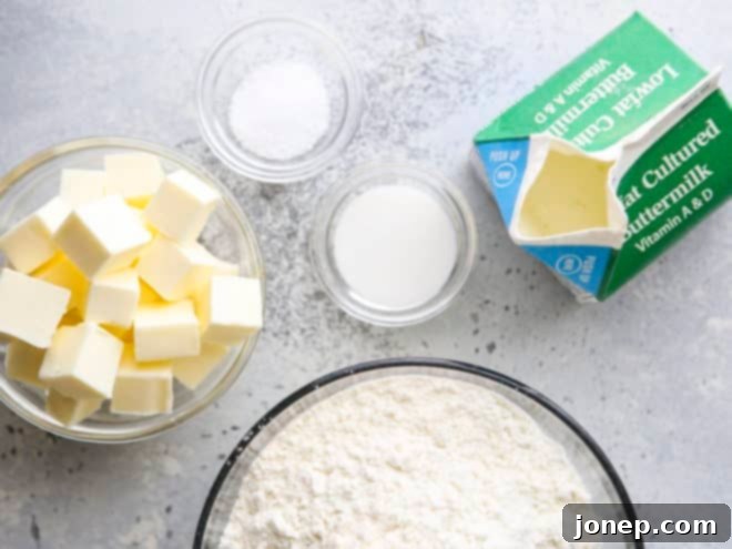 Flaky Buttermilk Pie Crust 3 ingredients for making buttermilk pie crust on a counter