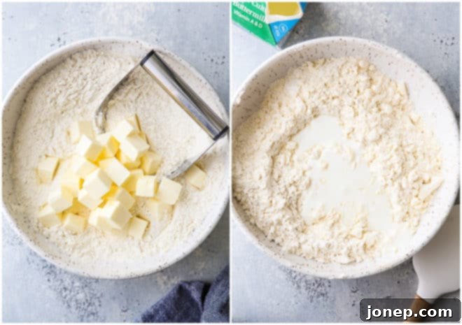 Flaky Buttermilk Pie Crust 4 adding butter and buttermilk to dry ingredients for pie crust