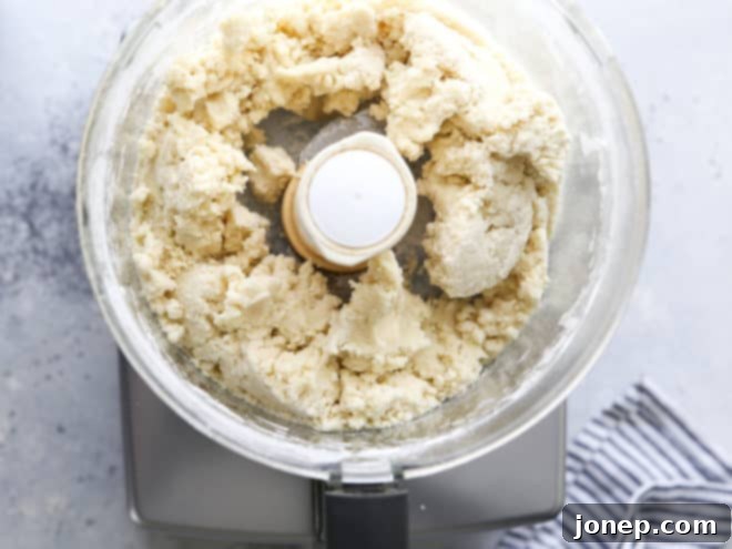 Effortless Food Processor Pie Crust 7 Pie crust mixture starting to come together into a loose dough in the food processor.