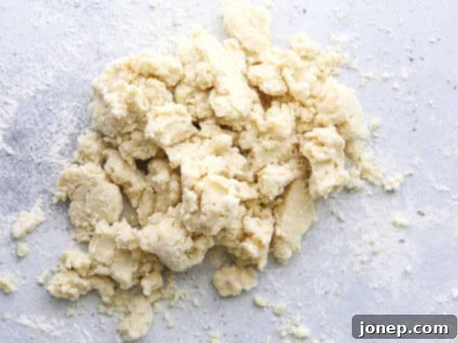Effortless Food Processor Pie Crust 8 Dumping the slightly crumbly pie dough onto a clean surface.