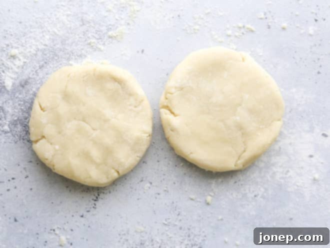 Effortless Food Processor Pie Crust 9 Two disks of pie crust dough, wrapped and ready for chilling.