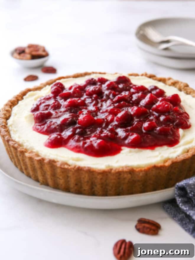 Velvety Cranberry Mascarpone Tart with Golden Pecan Crust 3 close up of cranberry mascarpone tart