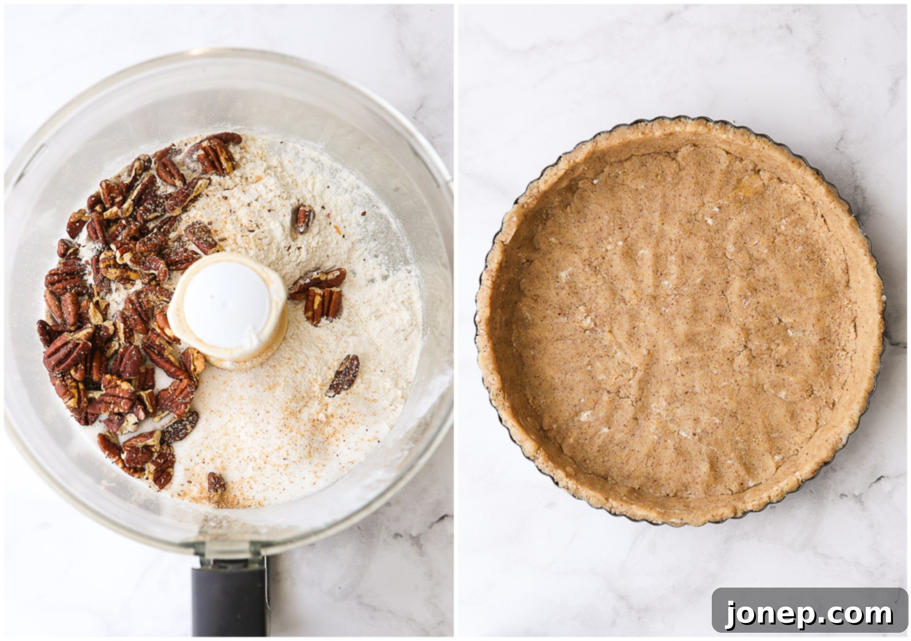 pecan shortbread crust in food processor and in tart pan