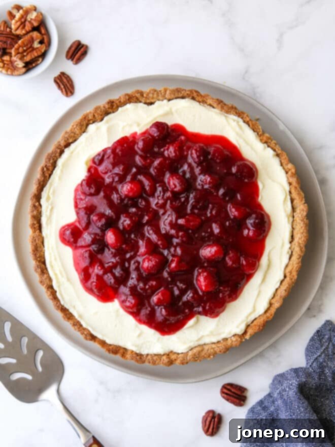 Velvety Cranberry Mascarpone Tart with Golden Pecan Crust 8 overhead view of cranberry mascarpone tart on plate