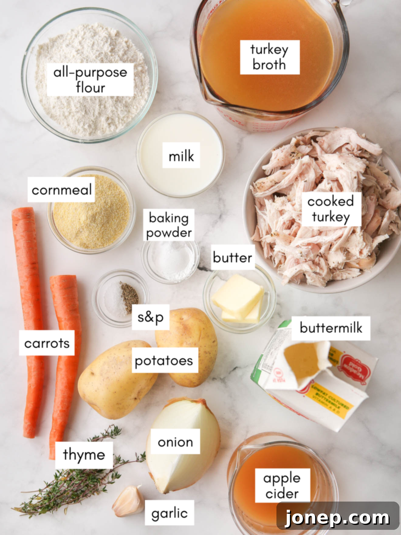 Grandma's Turkey Dumpling Soup 4 Layout of ingredients for turkey and dumplings soup, including cooked turkey, fresh vegetables, broth, apple cider, and buttermilk dumpling ingredients.
