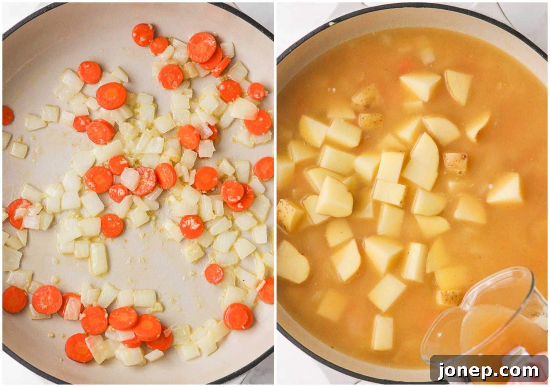 Sautéing chopped carrots, onions, and garlic in butter in a large pot, preparing the soup base.