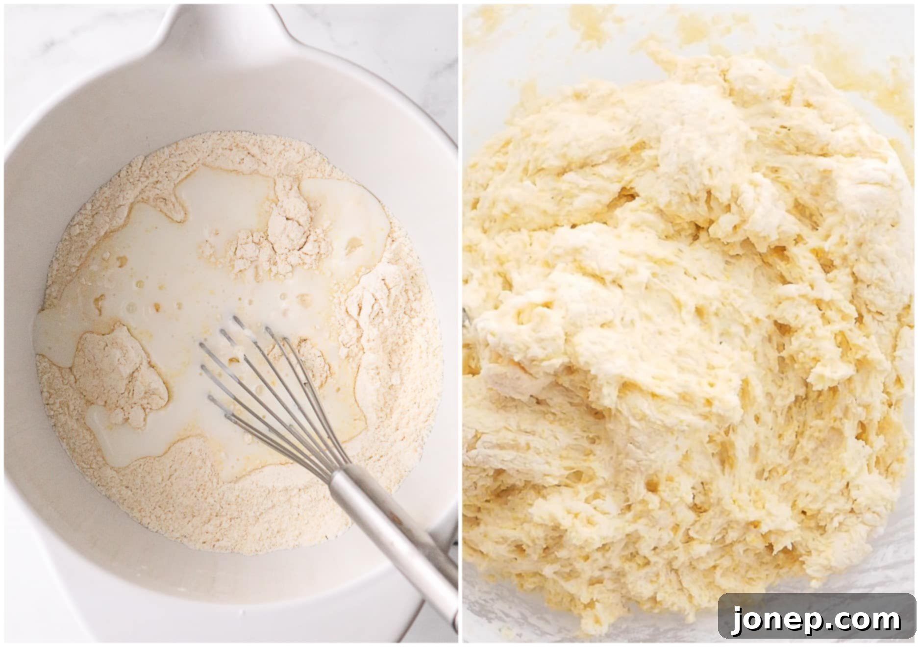 Mixing buttermilk into dry dumpling ingredients in a bowl, forming a soft dough for the turkey soup.