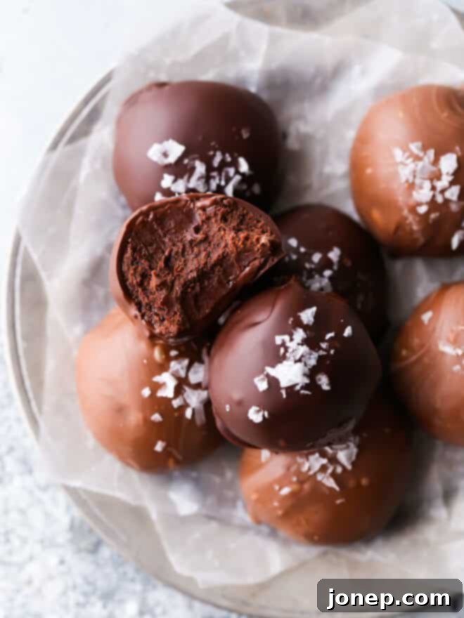 a salted chocolate truffle with a bite taken out, revealing its fudgy center