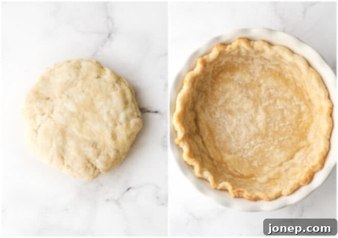 A raw, crimped pie crust in a pie dish, perfectly prepped for blind baking.