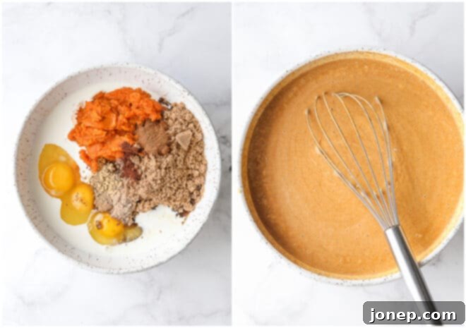 A bowl of pumpkin pie filling ingredients being whisked together, ensuring a smooth mixture.