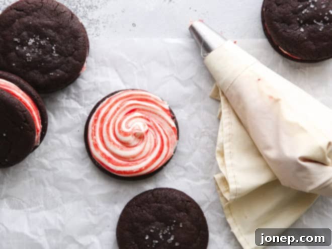 Close-up of a hand piping red-swirled peppermint frosting onto a chocolate cookie, preparing a sandwich cookie