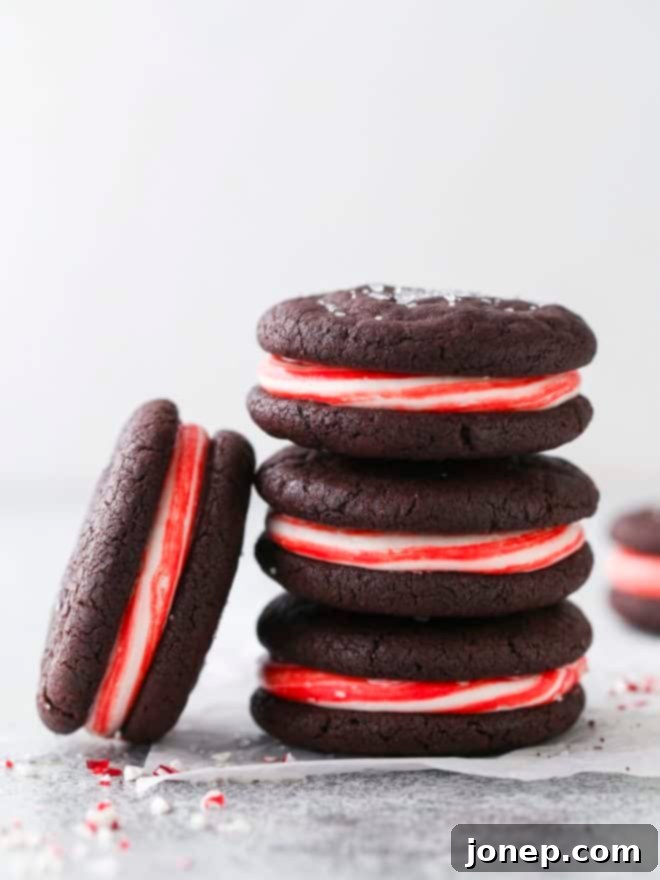 closeup of chocolate candy cane cookies in a stack