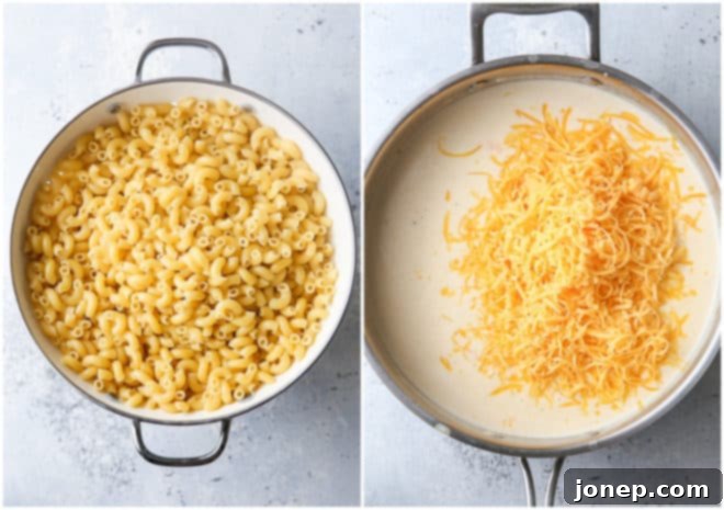 Elbow macaroni noodles cooking in a pot and a creamy cheese sauce being prepared in a saucepan
