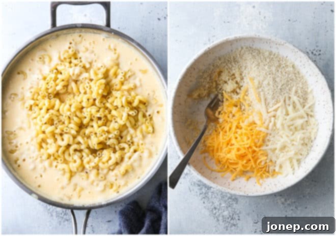 Cooked macaroni noodles mixed with rich cheese sauce, and ingredients for the crispy breadcrumb topping