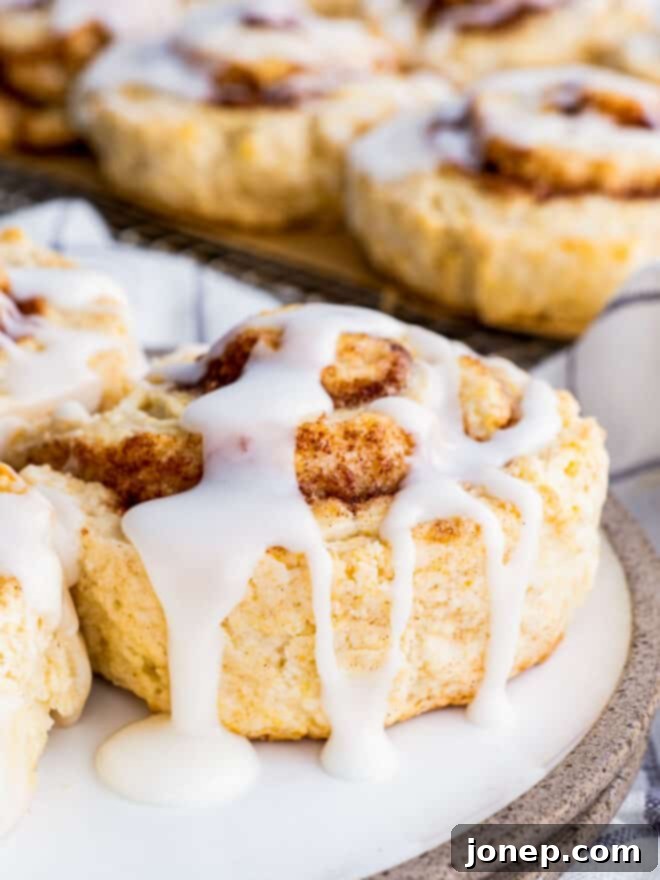 Sweet Cinnamon Swirl Biscuits 3 closeup of cinnamon roll biscuits showing the flaky layers and cinnamon swirl