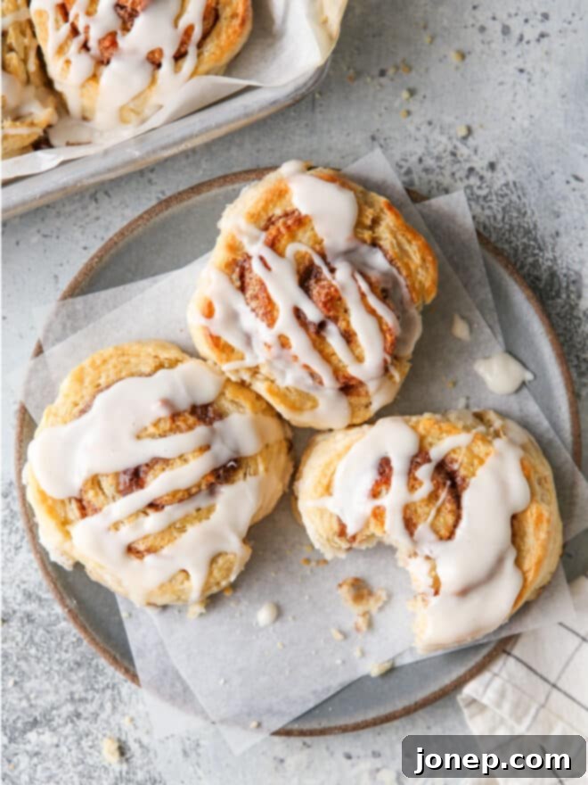 Sweet Cinnamon Swirl Biscuits 9 cinnamon roll biscuits on a plate, ready to be eaten