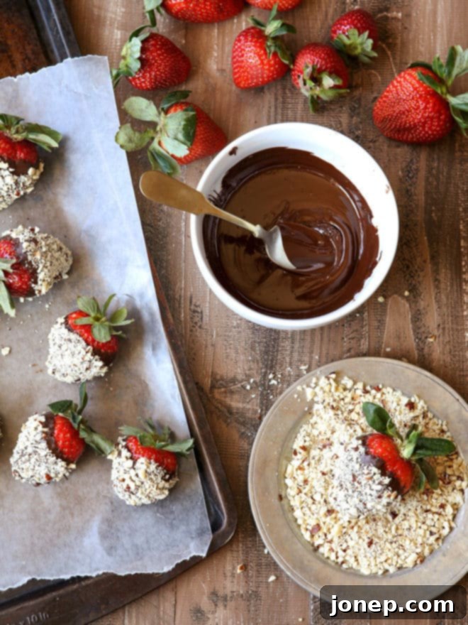 A finished plate of chocolate hazelnut covered strawberries, beautifully arranged and ready to be served as a decadent dessert.