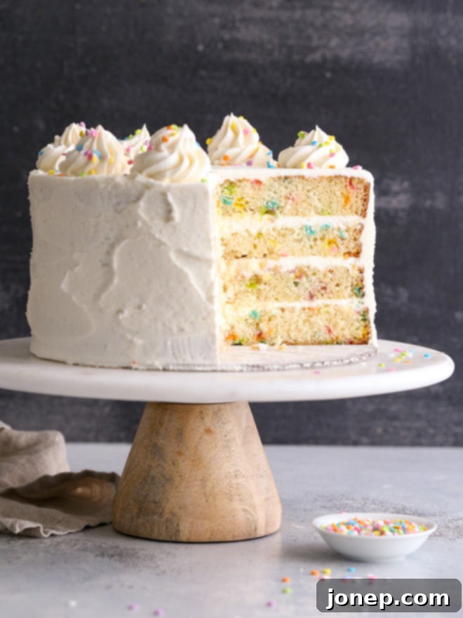 This funfetti cake made with light and buttery vanilla cake layers studded with rainbow sprinkles and fluffy vanilla buttercream frosting is such a fun and cheerful dessert!