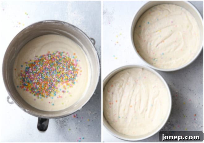 Funfetti cake layers ready for baking