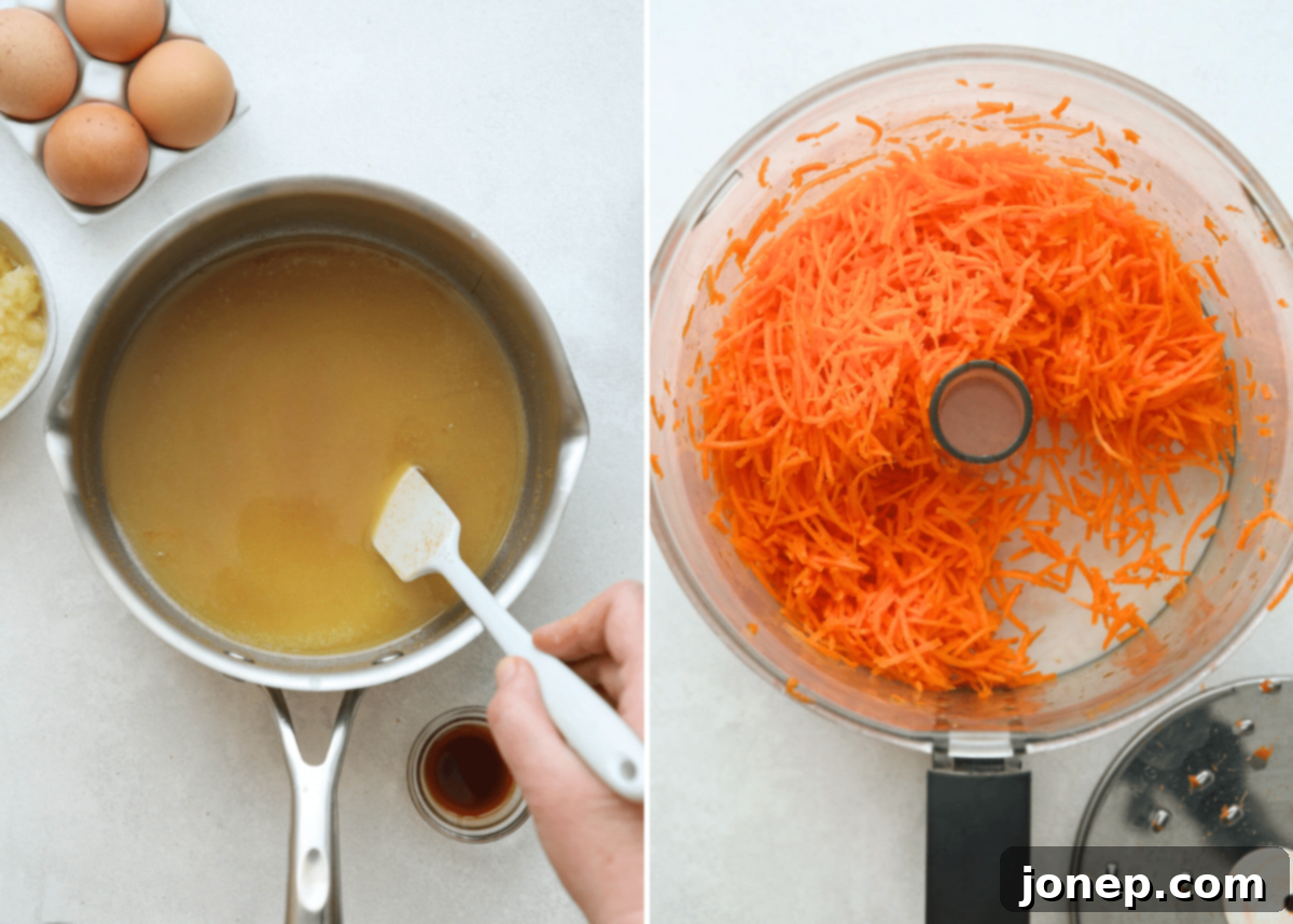 Preparing ingredients for carrot bundt cake: butter browning in a saucepan, carrots being shredded, and other ingredients in bowls.