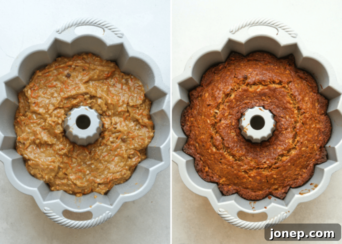 Carrot cake batter being spooned into a bundt pan.
