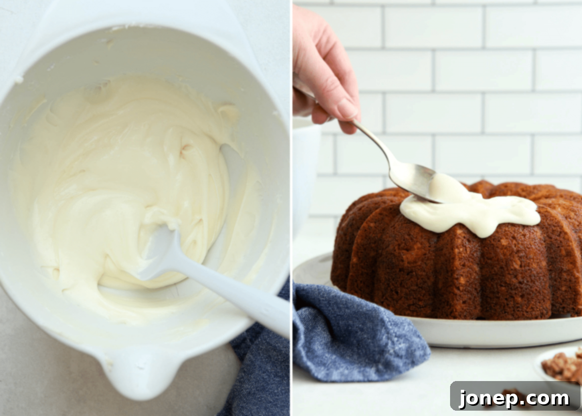 Cream cheese frosting being spooned onto a cooled brown butter carrot bundt cake.