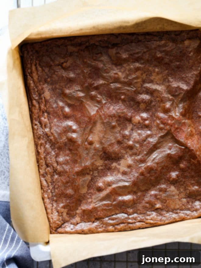 baked classic fudge brownies cooling in a pan on a wire rack