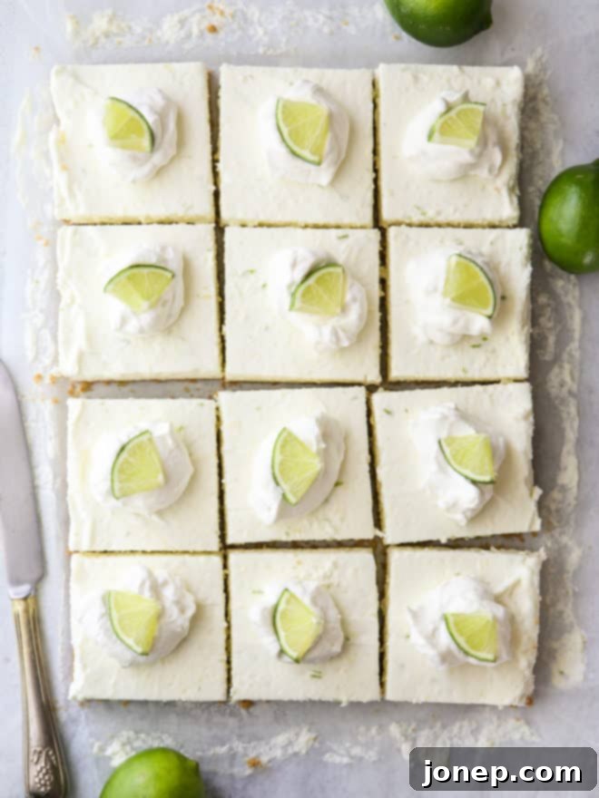 Tangy No-Bake Lime Cheesecake Squares 7 Perfectly sliced no-bake lime cheesecake bars arranged neatly, showing their distinct layers of crust and creamy filling.