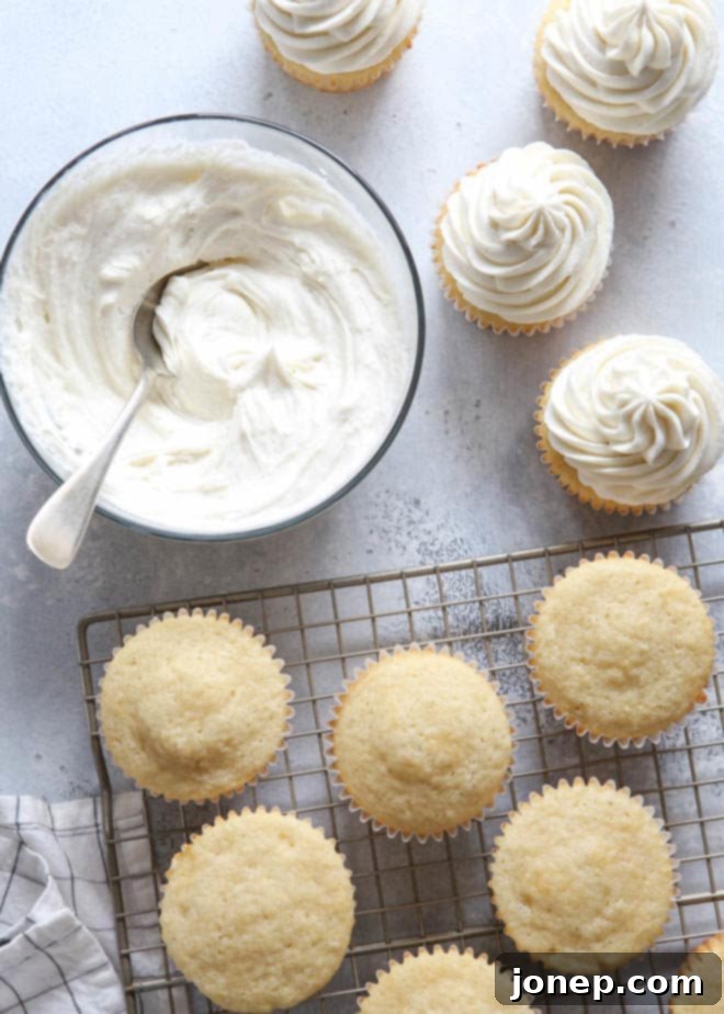 Vanilla Bean Dream Frosting 5 Decorating cupcakes with fluffy whipped vanilla frosting, showing a perfect piped swirl.
