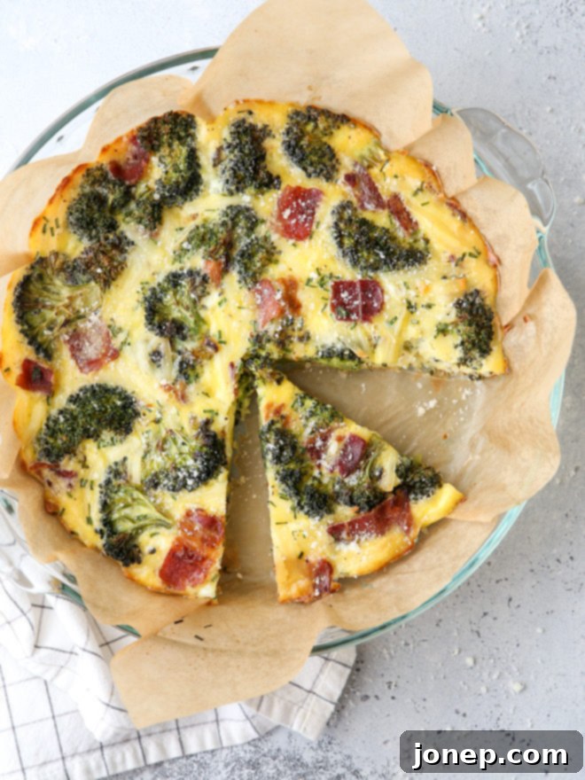 A breakfast bake filled with roasted broccoli, bacon, Gruyere cheese, eggs and chives. It’s a quiche minus the fussy pie crust!