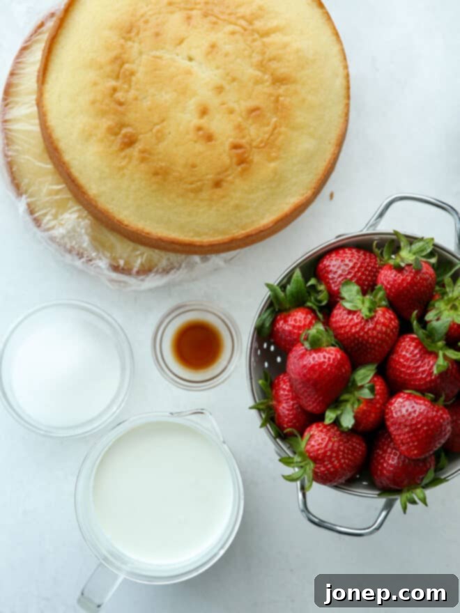 Strawberry Shortcake Cloud Cake 4 Preparing ingredients for strawberry shortcake layer cake: a bowl of macerated strawberries and a bowl of freshly whipped cream.