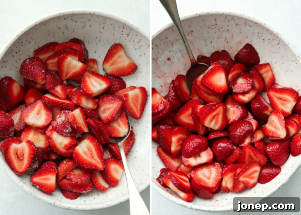 Bowl of thinly sliced strawberries tossed with sugar and vanilla, macerating and releasing their juices, ready for the shortcake.
