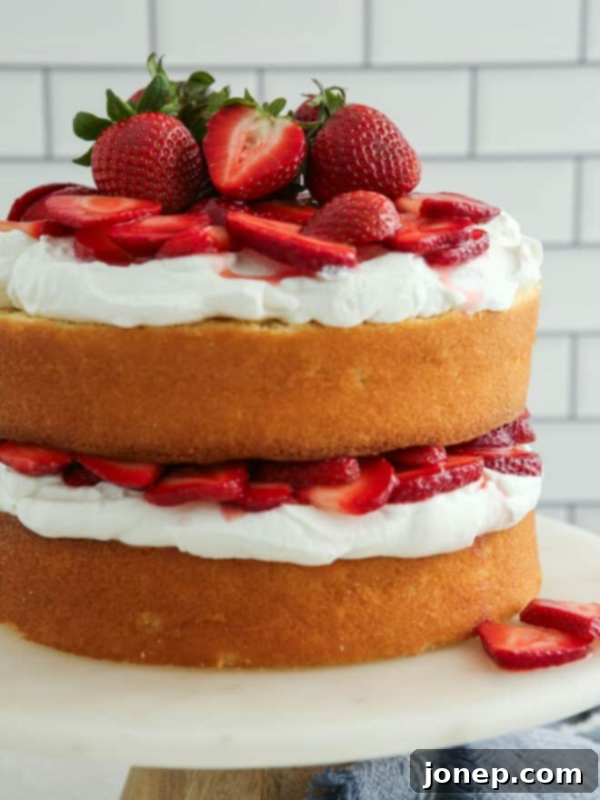 Strawberry Shortcake Cloud Cake 8 Beautifully assembled layered strawberry shortcake cake on a cake stand, garnished with fresh whole strawberries.